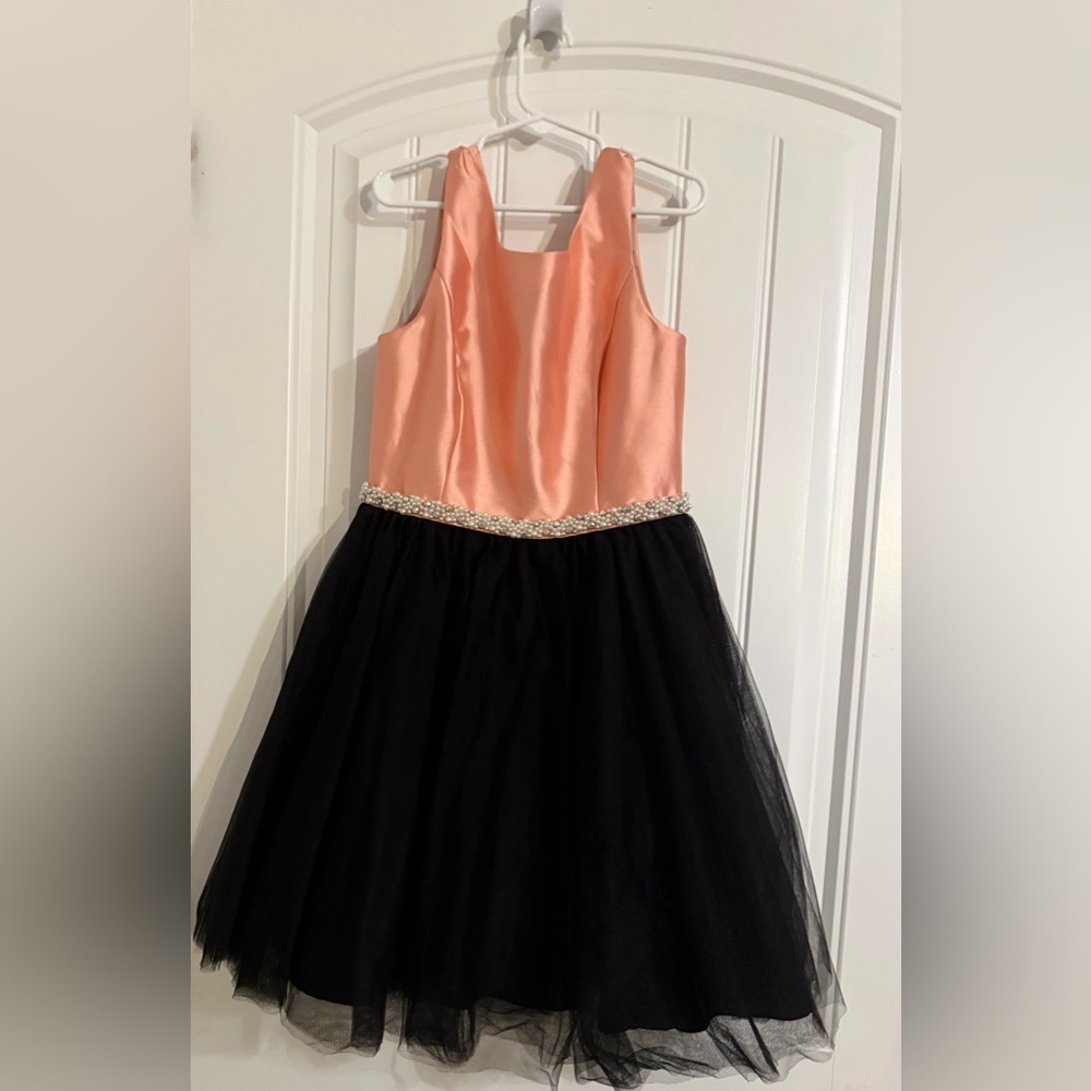 Girls Peach Satin & Black Tulle Party Dress with Embellished Waist